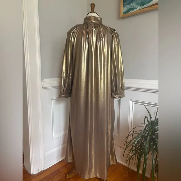 BURU Gold Lamé Long Sleeve Button Up Bow Midi Dress Size XS - Picture 5 of 14